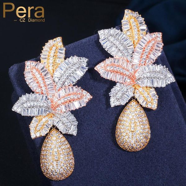 

dangle & chandelier pera luxury african 3 tone gold cubic zircon bridal engagement party long big flower drop earrings for women jewelry e60, Silver