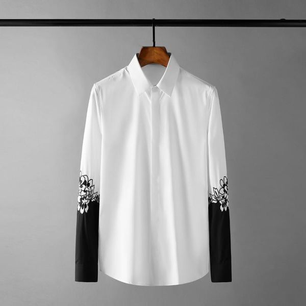 

men's casual shirts white male luxury floral embroidery long sleeve party mens fashion slim fit man plus size 4xl, White;black