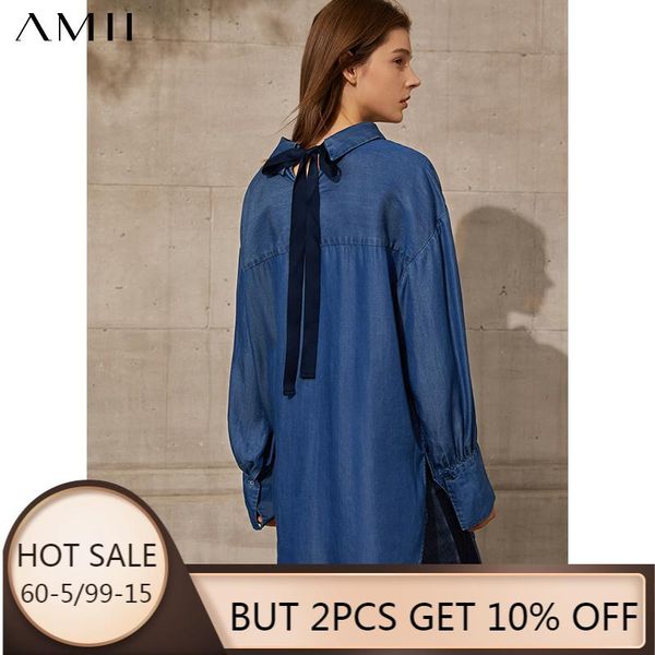 

amii minimalism spring summer fashion women's blouse causal solid lapel 100%tencel bandage loose women's shirt 12140025, White