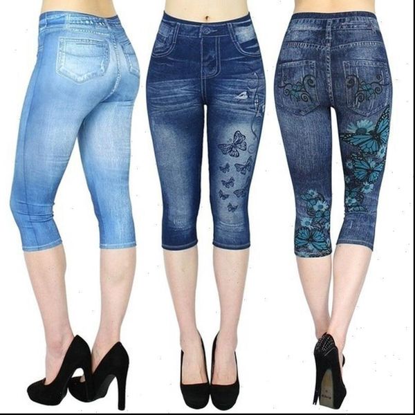 

womens denim pants floral butterfly printed jeans high waist pencil cropped leggings elasticated skinny calf length pants lady, Blue