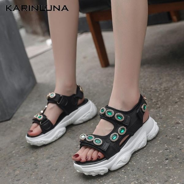 

karin 2021 dropship women sandals peep toe platform wedges crystal pumps summer casual woman gladiator sandals, Black