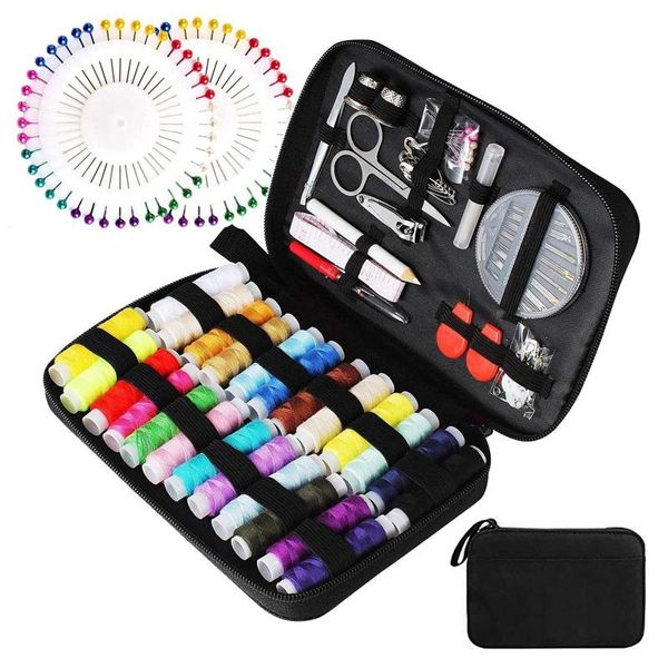 

portable sewing kit-with 130 sewing accessories and carrying bag-including various needles and 24 thread reels, Black