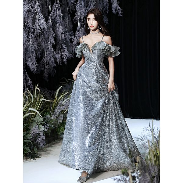 

Gorgeous Sliver Grey Spaghetti Strap Off Shoulder Long Evening Dress Elegant Sequin Backless Bandage Formal Performance Dress