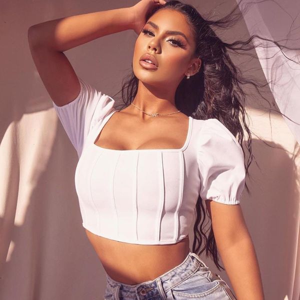 

women's t-shirt 2021 summer cropped t-shirts short-sleeved fall wrapped party puff pleated stripes square neck tees solid clothes, White