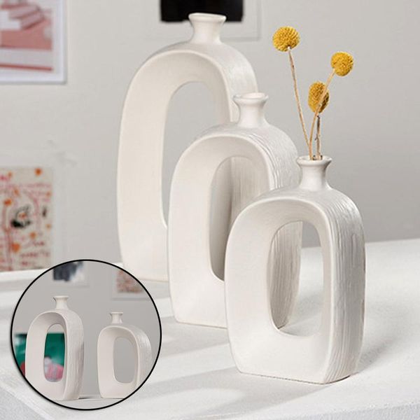 

vases white ceramic flower hollow oval matte design modern geometric figurines ornament for living room hk3