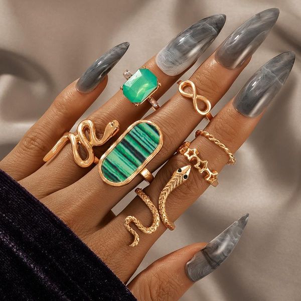 

cluster rings 7pcs/set vintage green gem snake jiont for women men hollow geometry star metal ring sets bohemian jewelry, Golden;silver