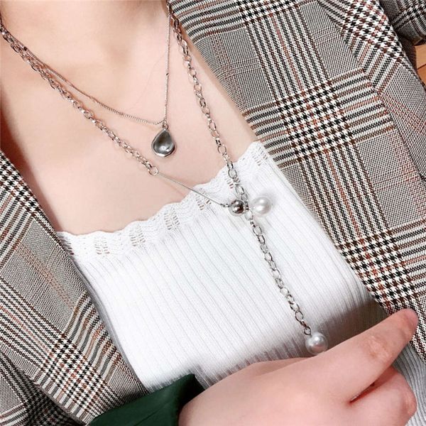 

hbp fashion new style in summer of 2021, simple and fashionable, chaoren street p, hoop, versatile double-layer pearl clavicle chain, Silver
