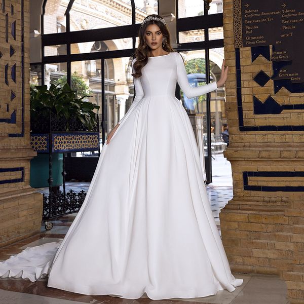 

2021 elegant satin princess wedding dress long sleeve bridal gowns low back caftan bride dresses vestido de noiva muslim, White