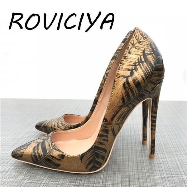 

dress shoes color bronze feather leaf printed toe 12cm high-heeled 12 cm night club wedding party qp024 roviciya, Black