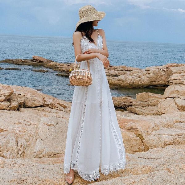 

casual dresses boho summer beach women's dress femme floral solid white deep v-neck waist high ankle-length robe, Black;gray