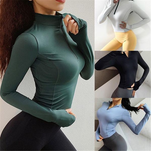 

women seamless long sleeve half zip sweatshirt thin shirts crop casual thumb hole t-shirt fitted gym running outfits clothes, White
