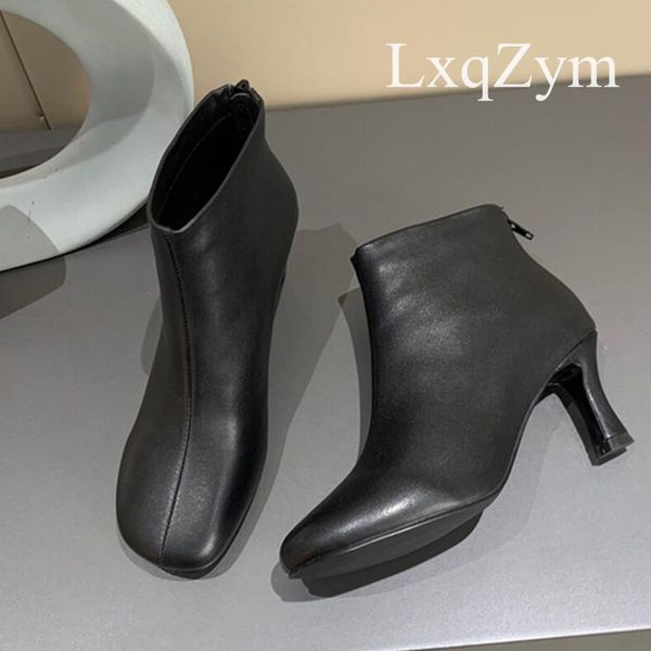 

boots women ankle cowhide natural leather square toe fashion shoes warm winter short zipper thin heels comfort lady, Black