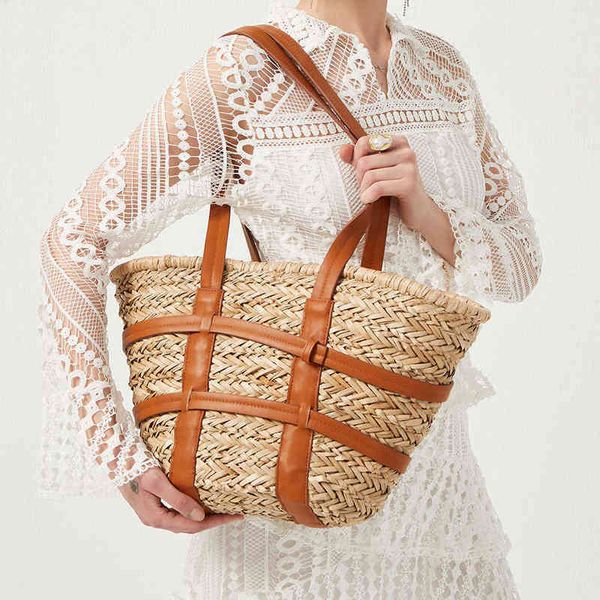 Einkaufstaschen Frauen Handtaschen Sommer Strand Stroh Damen Umhängetasche Gewebt Weben Weibliche Tote Shopper Große Große Mädchen Top Griff Casual 220318