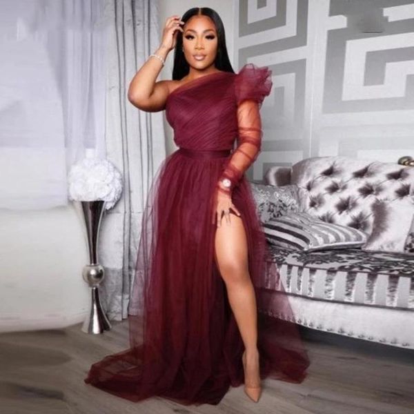 

party dresses md487 burgundy prom one shoulder long sleeve tulle evening gown split women celebrity formal dress for vestidos, White;black