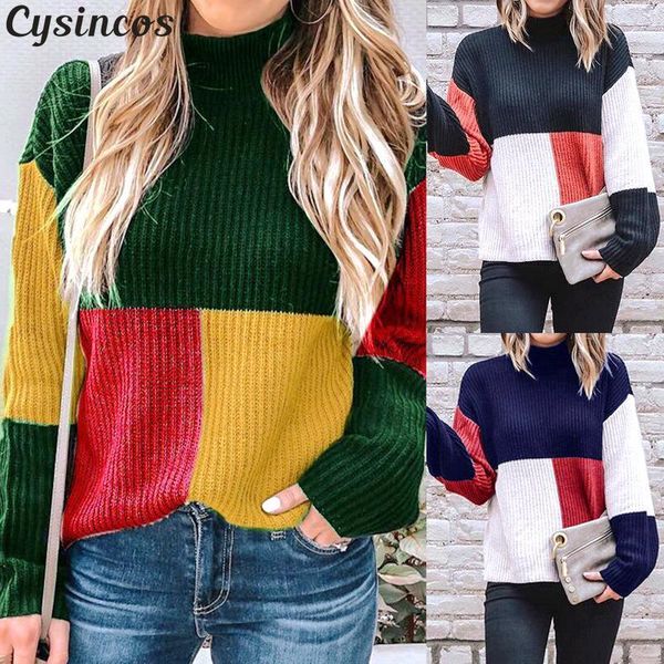 

women's sweaters cysincos fashion autumn winter contrast color sweater for women casual long sleeve knitted pullover loose elegant, White;black