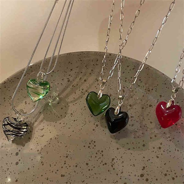 Grün Schwarz Zebra-Streifen Glas Herz Anhänger Titan Stahl Kette Halsketten für Frauen Halsreifen Ungewöhnliche Halskette Ästhetischer Schmuck G1206