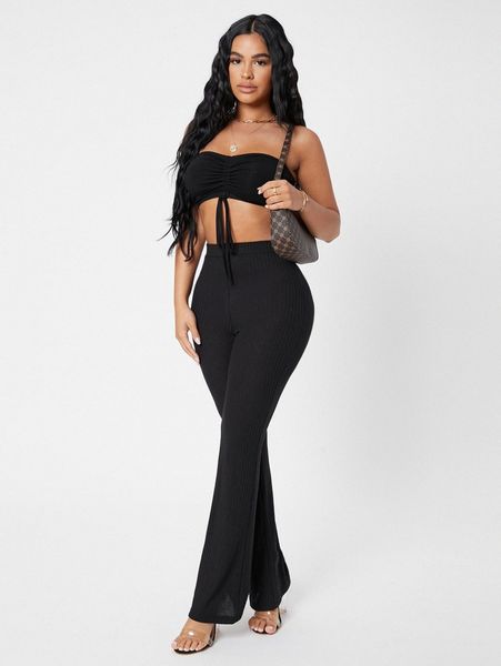 

petite rib-knit flare leg pants i9bc#, Black;white