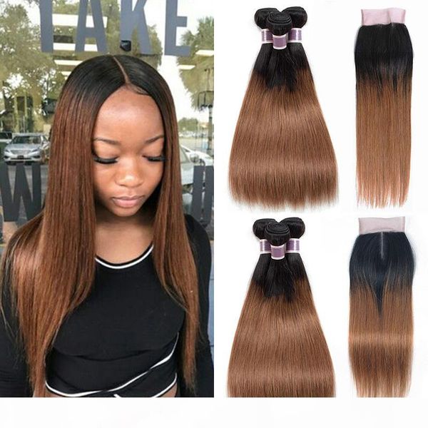 

medium auburn ombre human hair bundles with closure 1b 30 silky straight brazilian virgin hair 3 bundles with 4x4 lace closure pre-colored, Black;brown