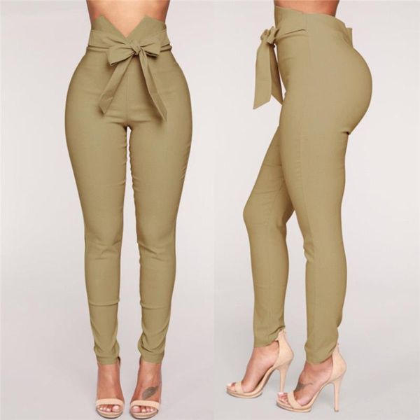 

women's pants & capris fashion women high waist casual ladies bowknot long slim skinny bandage elastic pencil trousers with sashes, Black;white