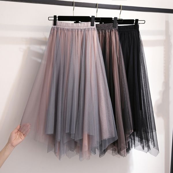

gigogou irregular long mesh pleated skirts women elastic high waist ruffled vintage tiered tulle pleated ins skirt tutu skirt 210309, Black