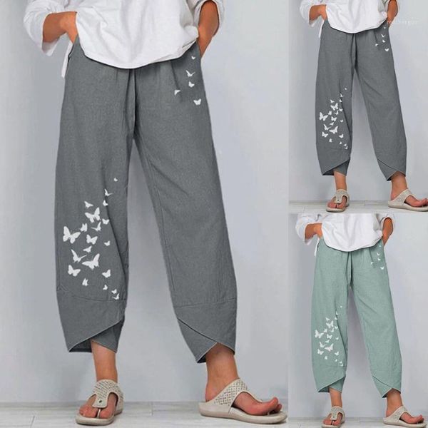 

women's pants & capris casual loose long trousers cotton linen butterfly printed wide-leg traf-pants women vertical flower -woman 2021, Black;white