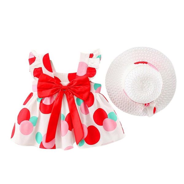 

girl's dresses baby flying sleeve dress with straw hat, bow decoration, polka dot pattern sweet style summer clothing, Red;yellow