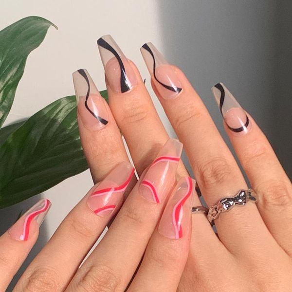 

false nails 24pcs fake pink black wavy stripes nail patch removable coffin long paragraph artificial manicure diy art with glue, Red;gold