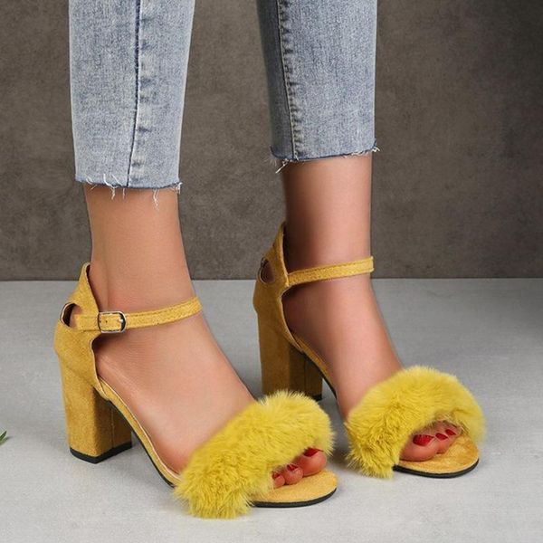 

dress shoes vogue fashion high heels furry sandals women summer open toe ankle strap gladiator woman thick heeled sandalias, Black