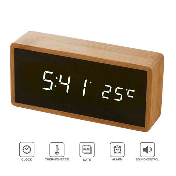 Bambus Holz Spiegel Wecker Temperatur Sounds Control Desktop Uhr mit Digitaluhr Elektronische LED Uhren Despertador 211112