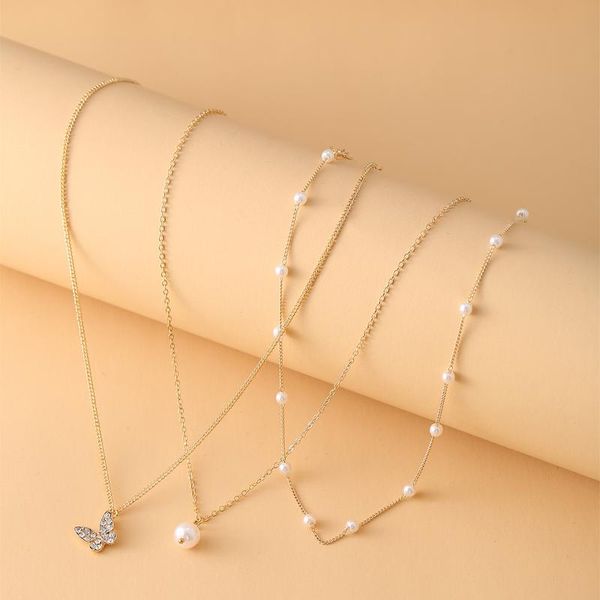 

chains 3pcs/set gold color pearl choker necklace for women crystal butterfly pendant necklaces boho jewelry, Silver