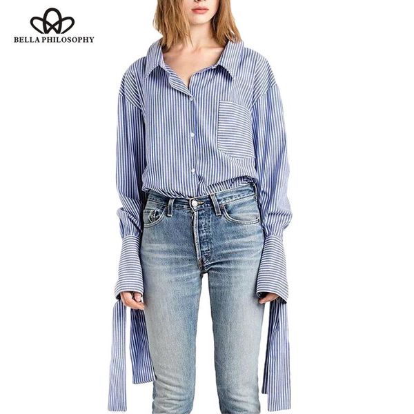 

women's blouses & shirts philosophy 2021 spring circular back bow tie sleeve long blue white striped women shirt blouse