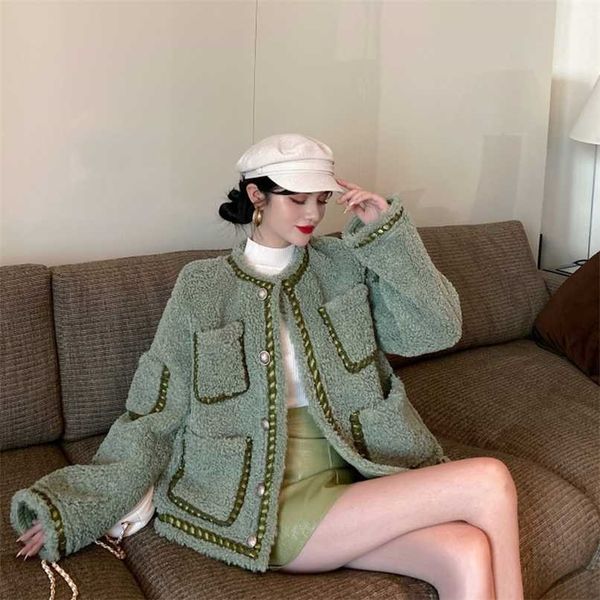 

little fragrance loose woolen coat women autumn winter temperament plush woolen coat ladies retro sweet fashion thick coat 211130, Black