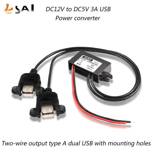 

display liansai dc 12v to dc5v 3a 15w two-wire output dual usb with mounting hole car power converter adapter
