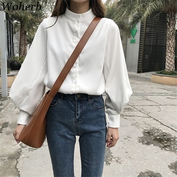 

woherb womens blouses vintage long lantern sleeve spring autumn shirts ladies korean white blusas mujer de moda 2021 blouse 210315