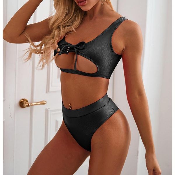 

women's swimwear women strap swimsuit hollow out bikini set pure color leather bikinis 2021 mujer maillot de bain femme, White;black