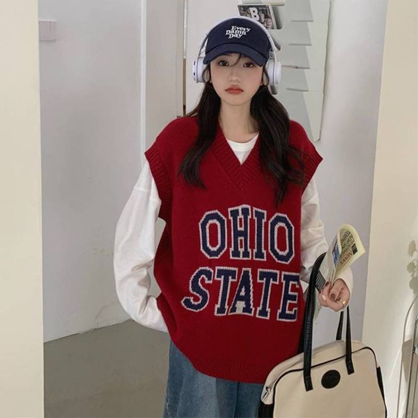 

casual simple vest women's autumn thin v-neck knitted loose long sleeve, White