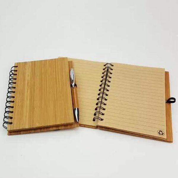 Criatividade Espiral Notebook Wood Bamboo Capa Notepads Bloco de notas com caneta Estudante Ambiental Blocos Nota Atacado Escolas Suprimentos