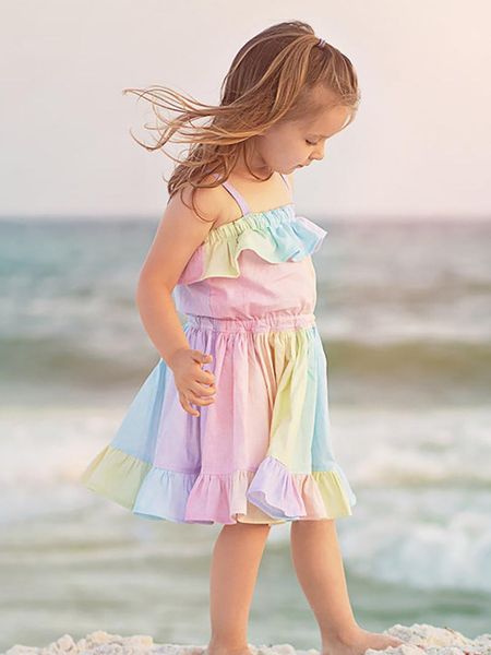 

girl's dresses 2021 dress, summer sleeveless ruffles sling dress for holiday birthday party dancing vacation, Red;yellow