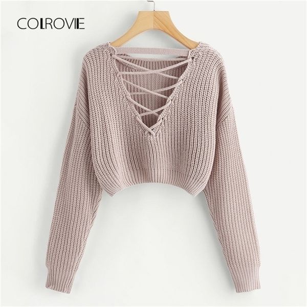 

colrovie pink korean criss cross v back winter crop knitted sweater women clothes autumn pullover jumper ladies sweaters 201017, White;black