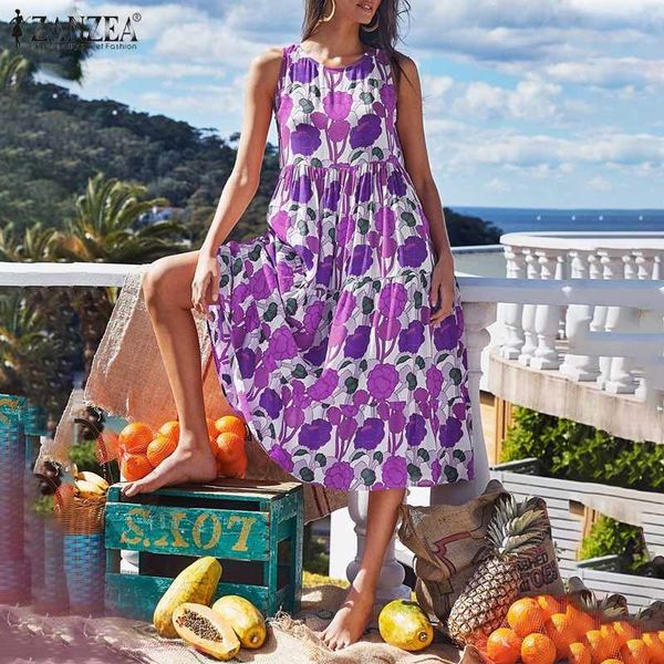 

2021 new zanzea floral print vestido ladies beach backless tank robe casual sleeveless ruffle es womens fashion retro midi 5xl m4yw, Black;gray