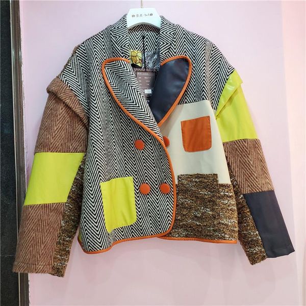 

women's jackets [ewq] 2021 autumn korean style long-sleeved lapel single-breasted loose contrast woolen cloth and leather short coat, Black;brown