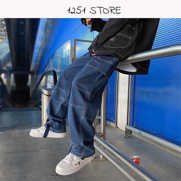 

men jeans wide leg denim cargo pant loose straight baggy men's jean asthetic streetwear skateboard pant hip hop neutral trousers 211206, Blue