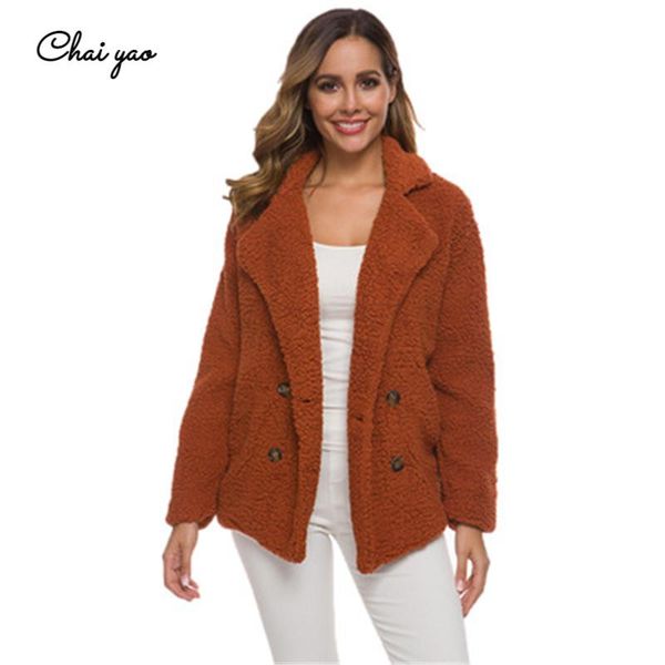 

women's fur & faux autumn winter coats from artificial lambskin jacket double breasted short furry plus size 5xl cloth coat, Black