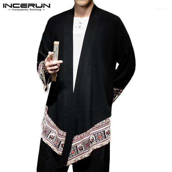 

autumn fashion men retro print patchwork long sleeve kimono cardigan jackets cotton casual street mens outerwear coats1, Black;brown
