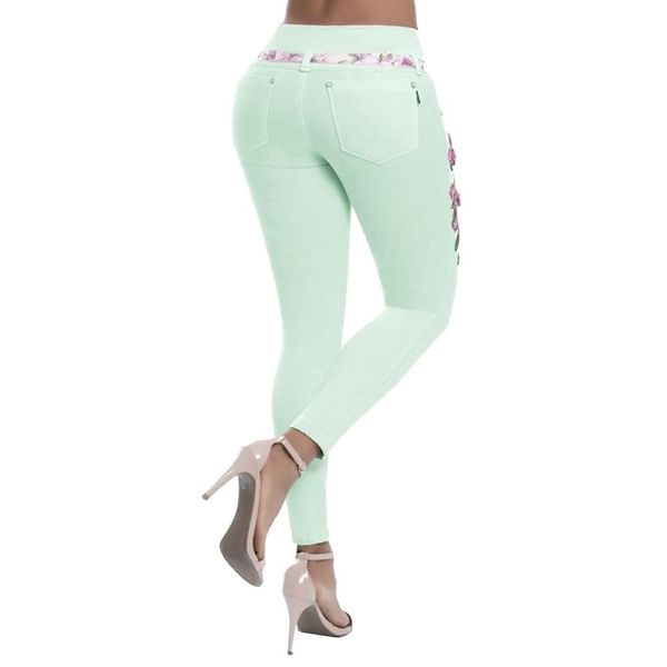 

plus size women floral embroidery high waist skinny jeans denim long pants, Gray