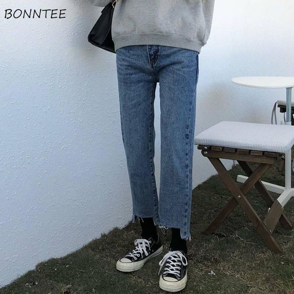 

women's jeans women straight ankle-length students tassel blue retro simple korean style hipster high waist trousers street daily teen