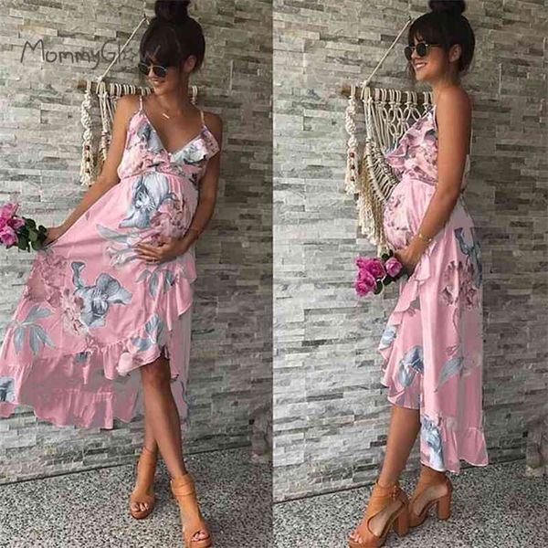 Maternidade Vestidos Roupas Elegante Gravidez Vestido Casual Floral Impresso Ruffles Falbala Sundress para Mulheres Grávidas 210721
