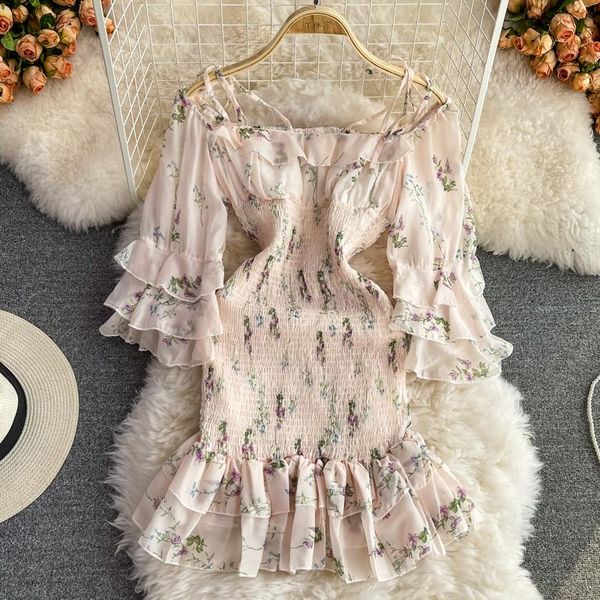 

casual dresses autumn women beige chiffon mini dress square collar flare sleeve high waist draped ruffle hem elegant korean chic robe 2, Black;gray