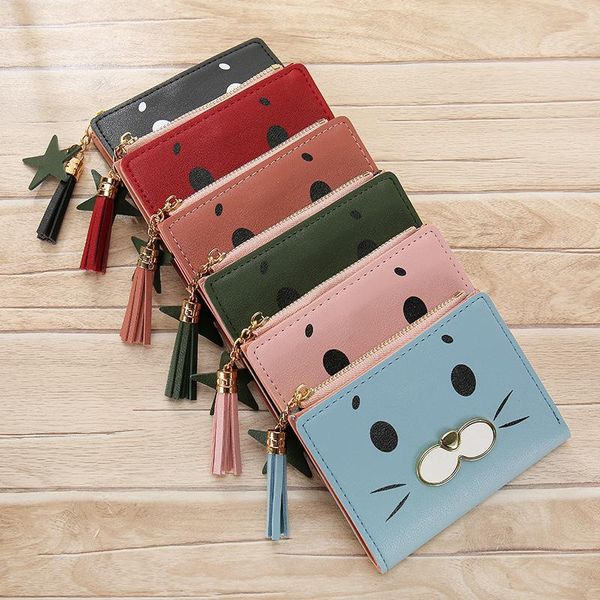 

wallets jiulin women tassel printing cartoon cat pu leather wallet brand designed coin purse female card holder cute girl, Red;black