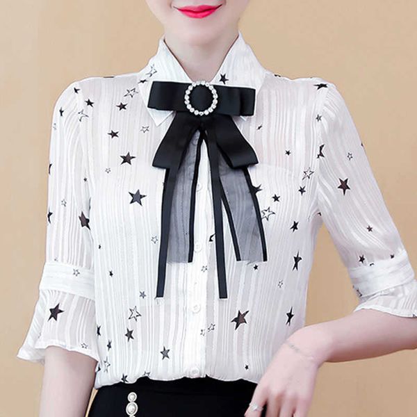 

blusas mujer de moda summer blouse women short sleeve blouse women bow turn down collar print chiffon blouse shirt d40 210602, White